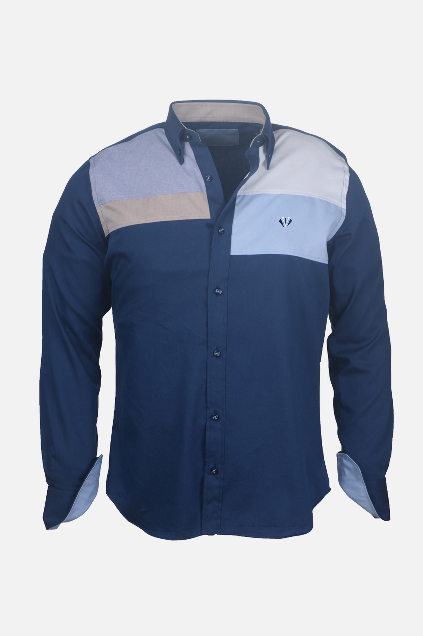 Navy and Light Blue Color Block Button-Up