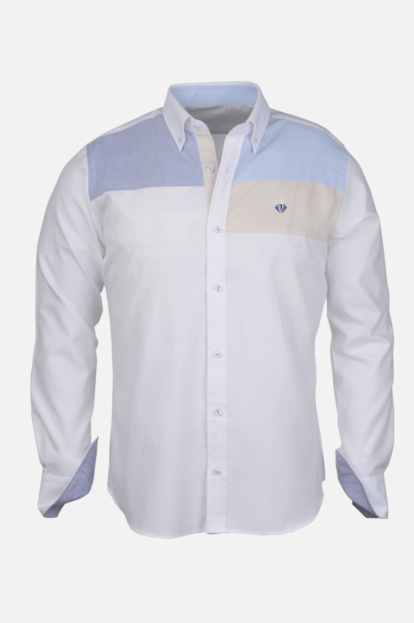 White Shirt with Light Blue and Beige Panels