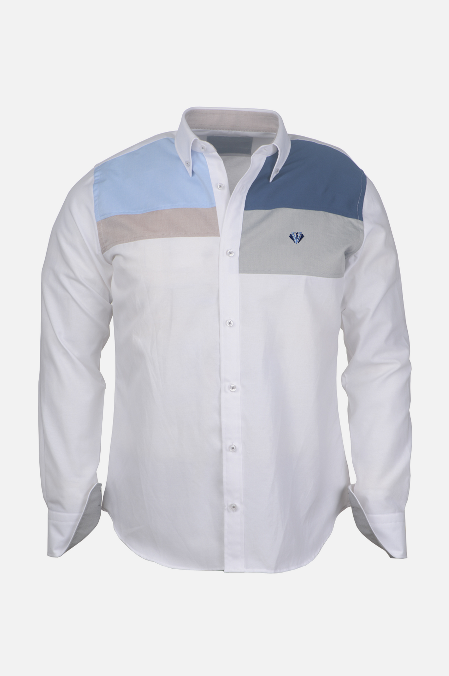 White Shirt with Blue and Beige Color Block