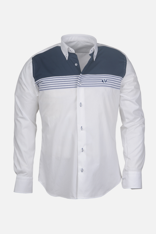 White Shirt with Navy Block and Striped Detail