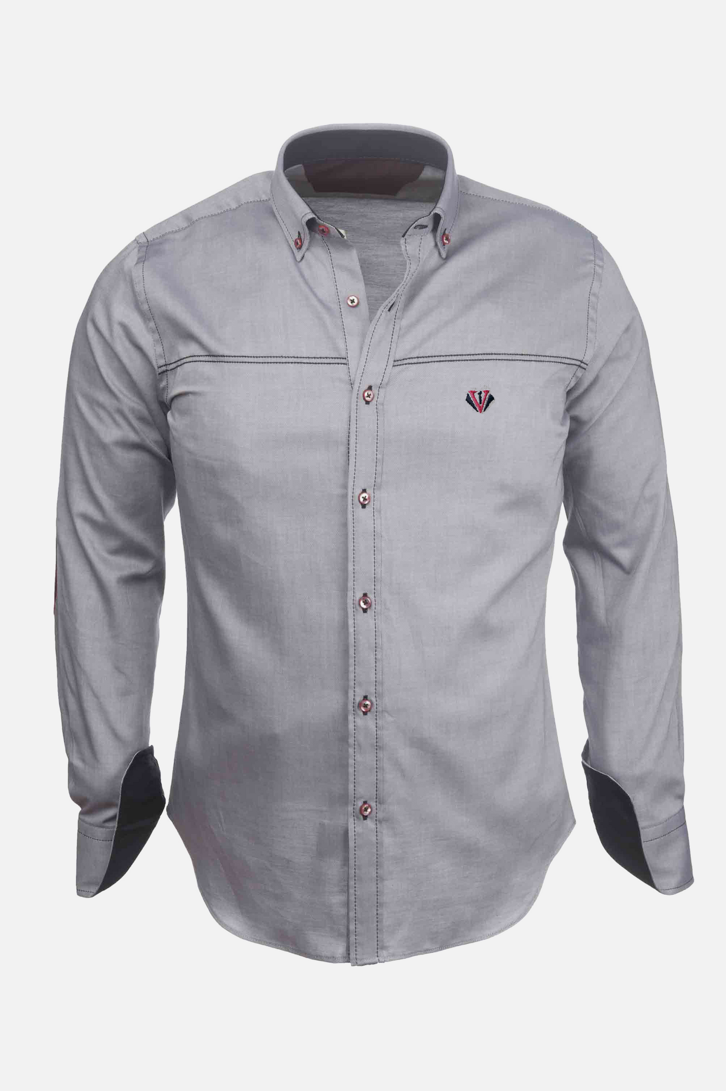 Light Grey Casual Button-Up with Contrast Stitching